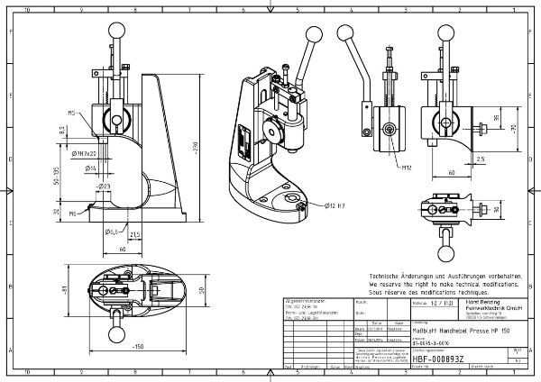 HP150 Rack and Pinion Press 36mm Stroke 0.75kN Capacity