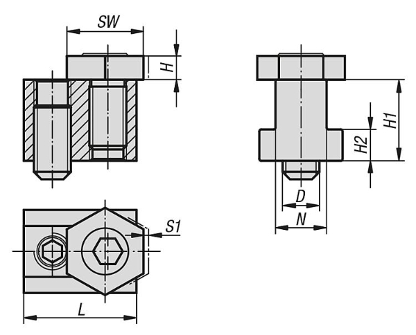 Cam screws with hexagon washer, for T-slots