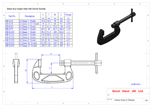 Heavy Duty G Clamp 2" Model Size