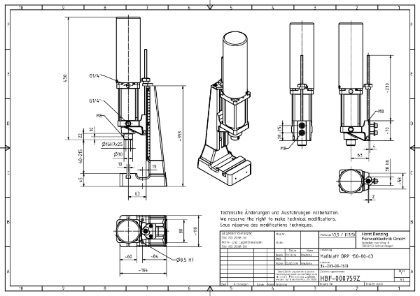 1.5kN Pneumatic Press 80mm Stroke 40mm – 215mm Dimension B