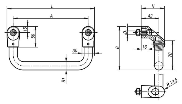 Tubular handles angled Drawing