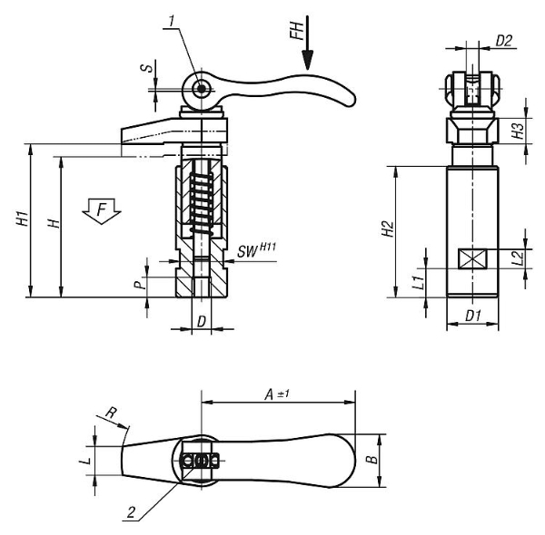 HOOK CLAMP W. COLLAR, WITH CAM LEVER, M08, D1=20, P=8, CARBON STEEL 