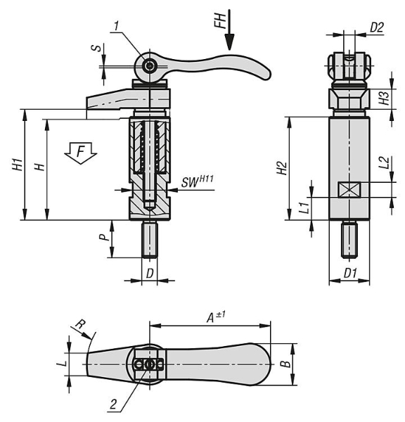 HOOK CLAMP W. COLLAR, WITH CAM LEVER, M10, D1=25, P=25, CARBON STEEL 